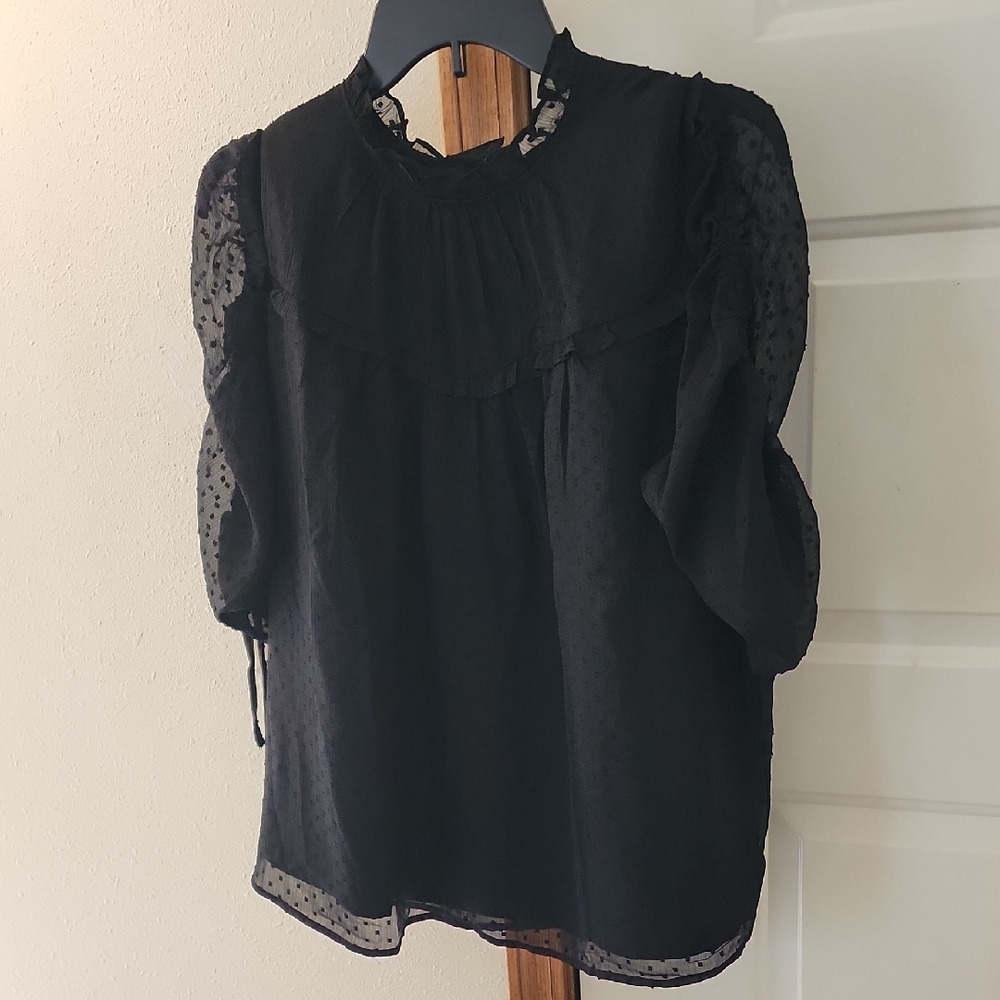 LOFT Black Sheer Sleeve Blouse (Body Is Fully Lined)